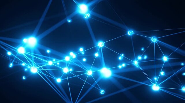 abstract blue technology network background with connecting nodes and lines, futuristic digital web concept for presentations, modern business data illustration layout