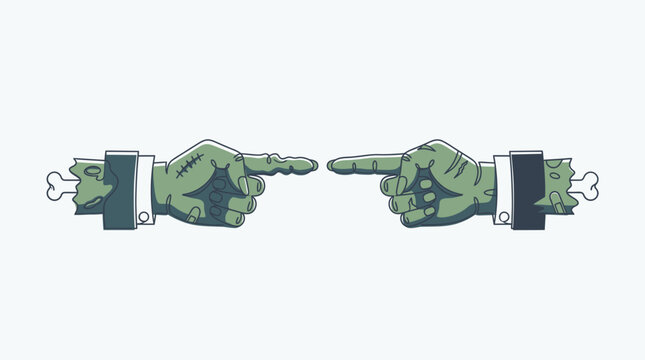 Zombie hands in business suits point at each other on a white background.