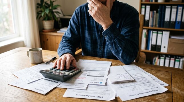 Anonymous Small Business Owner Stressed Over Household Debt and Loan Payment at Home Office