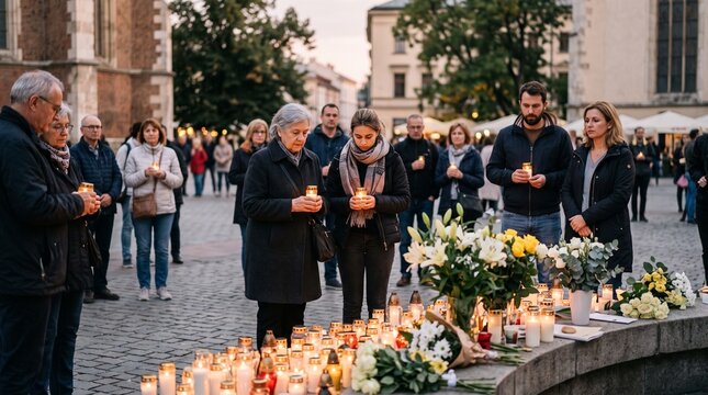 People holding candles in remembrance and mourning at a public vigil with flowers and tributes