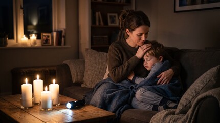 Fototapeta premium Mother comforts sleeping child during power outage with candles and flashlight providing dim light