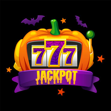 Halloween pumpkin slot machine jackpot badge with 777 reels vector illustration