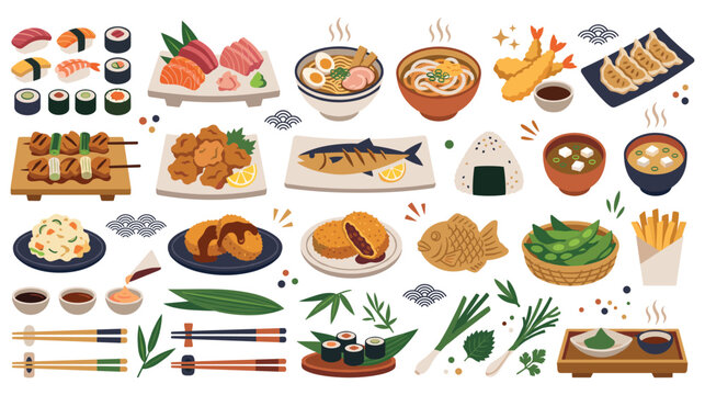 Colorful japanese food menu icons and sushi illustration.