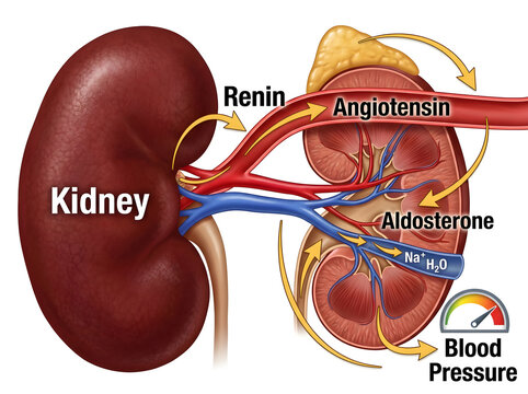 Human kidney renin angiotensin aldosterone blood pressure system isolated on white background