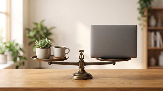 Balancing Work and Life A Laptop and Coffee Cup on a Scale Representing Work Life Balance