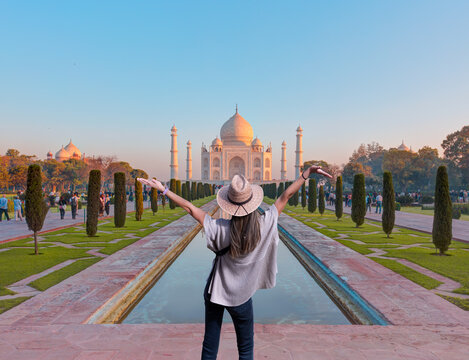 Panoramic view of Taj Mahal during bright blue sky reflected in water - Agra , Uttar Pradesh, India
