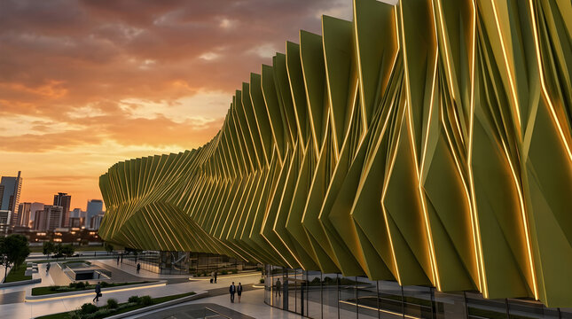 Bold 3D rendering of a burgundy array of interlocking metallic panels, symmetrical frontal view, under a hazy morning sky, with crisp highlight accents, with a polished marble floor