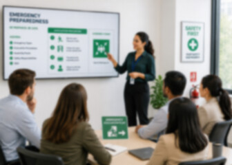 Fototapeta premium Blurred Emergency Preparedness Training Session With Employees Learning Workplace Safety Procedures