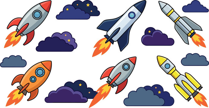 Spaceship rocket vector sticker set with flying spacecraft fire flame blast off details and starry night clouds for kids bedroom wall decal pattern design
