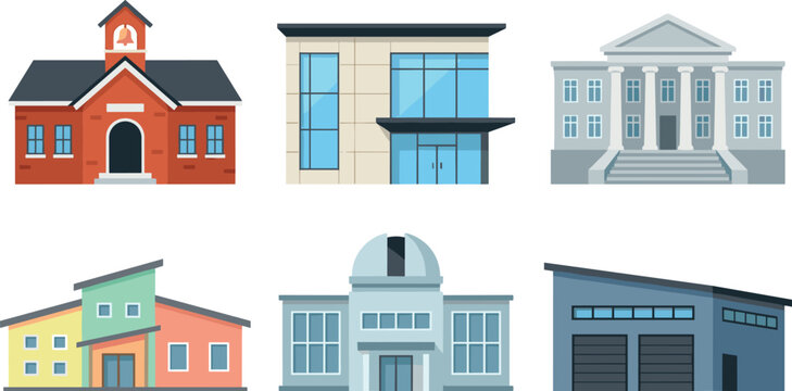 Public architecture and institutional building vector flat icon set featuring school library courthouse observatory warehouse and modern corporate office facades illustration