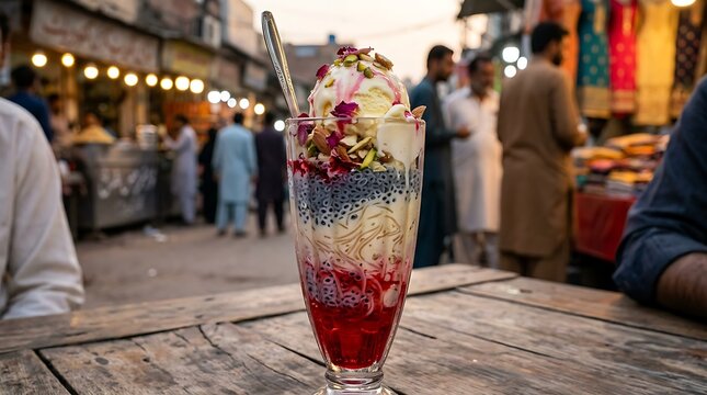 Falooda glass layered with red syrup and ice cream stands on a rustic table in an outdoor market.