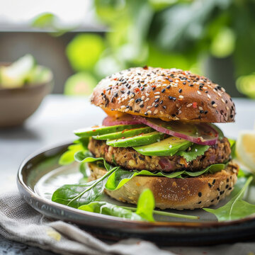 Veggie burger with onion, avocado and lettuce