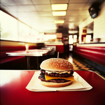 Burger sitting on a table in an old fashioned diner