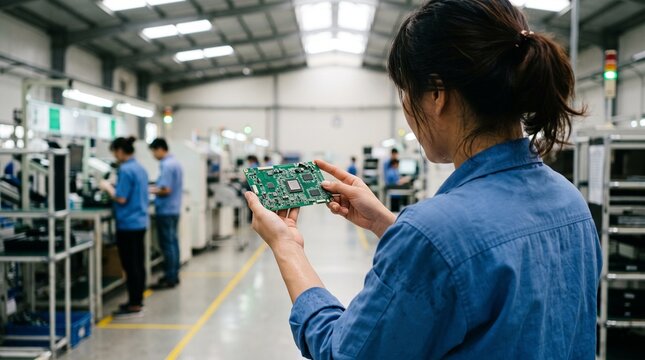 Vietnamese Female Engineer Holding Semiconductor Circuit Board with Pride Inside Bac Ninh Electronics Factory