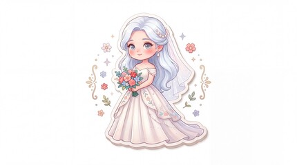 Fototapeta premium A cartoon illustration of a smiling bride with long silver hair and a beautiful bouquet of flowers