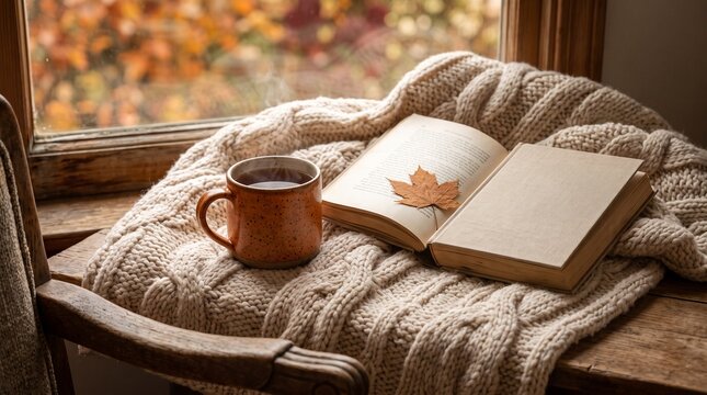 Cozy Autumn Scene with Steaming Mug of Tea and Open Book on Knitted Blanket by Window