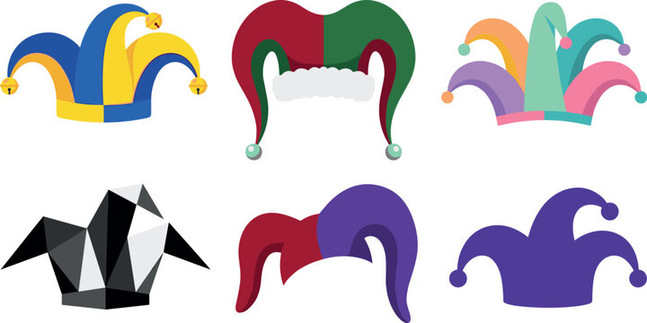 Jester hat vector illustration set with colorful fool caps bells geometric origami styles and carnival elements for April Fools Day Mardi Gras and medieval party design