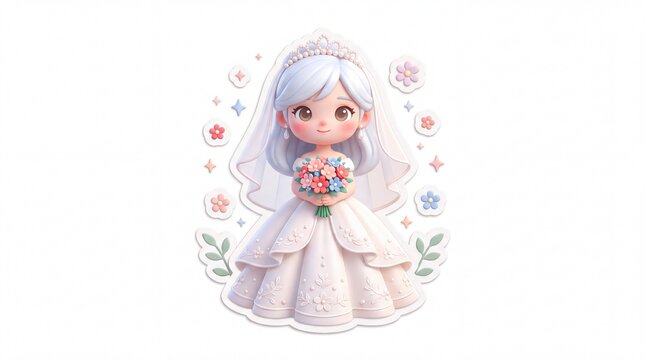 A cartoon bride with a bouquet of flowers and a tiara on her head