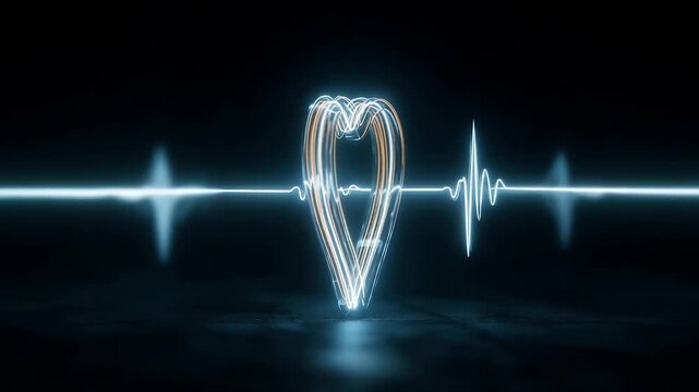 Glowing neon heart shape with ECG pulse line on dark background symbolizing love, health, and heartbeat in modern medical illustration