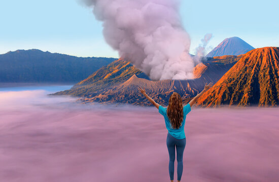 Beautiful landscape with Mount Bromo volcano viewpoint in Bromo Tengger Semeru National Park at sunrise ( Semeru Volcano) - Indonesia.