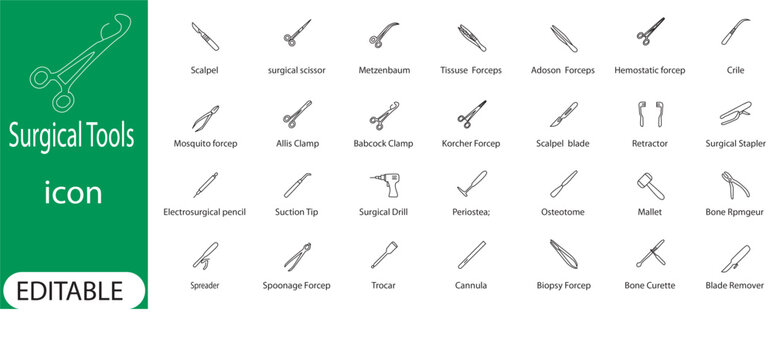 Surgical Tools and Medical Instruments Line Icon Set