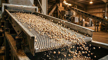 Fototapeta premium Soybeans moving on a conveyor belt during industrial processing with warm overhead lighting