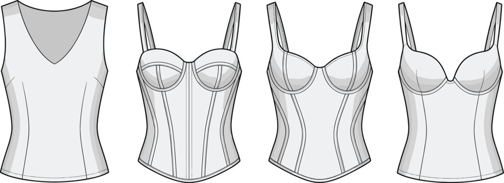 Women corset tops set vector illustration, fashion bustier camisole flat technical sketch, transparent background