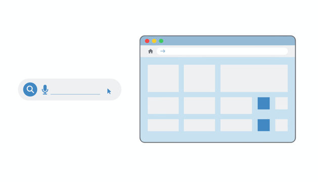 Modern web browser window mockup next to a search bar engine on a clean white background illustration.