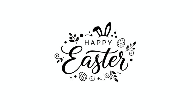 Elegant black lettering happy easter calligraphy with rabbit ears and egg ornaments on white background.