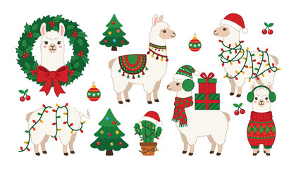 Fototapeta premium Cute Christmas Llama and Alpaca Vector Character Set with Holiday Elements Featuring Santa Hats, Winter Sweaters, String Lights, Wreath, Gifts, and Decorated Trees