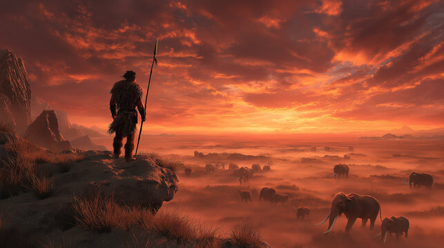 A tribal hunter with handmade spear standing on a cliff, overlooking a herd of mammoths in the valley