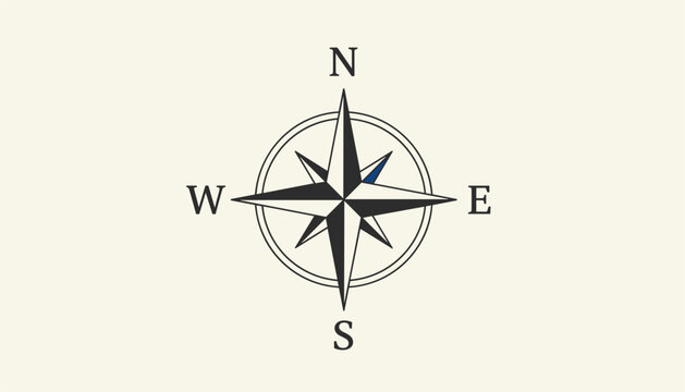 Vintage style wind rose compass rose icon pointing north south east and west on a warm cream background.