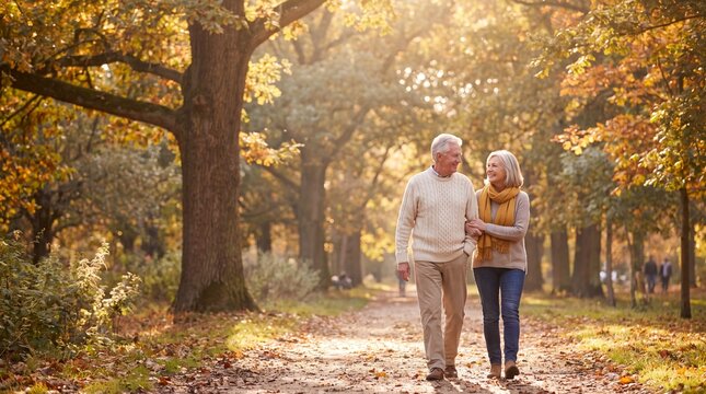 A senior couple enjoying a leisurely walk together in a beautiful autumnal park with vibrant foliage and warm sunlight
