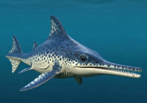 Ichthyosaur marine reptile swimming underwater in the deep blue ocean