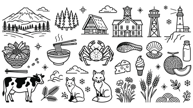 Hokkaido landmarks and local specialties in outline style.