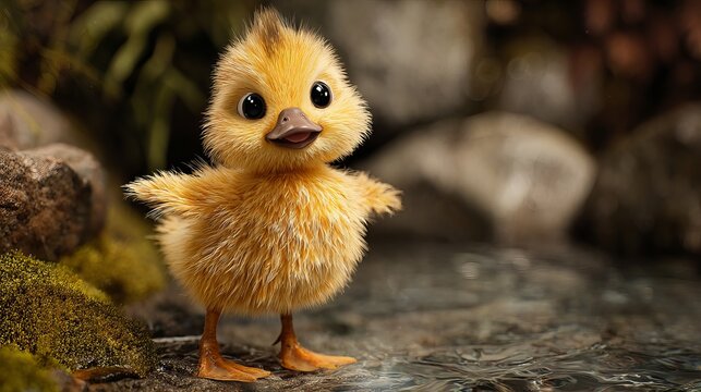 Fluffy yellow baby duckling standing near crystal clear water featuring adorable big eyes and soft feathers in bright daylight sun