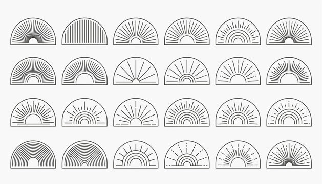 Set of twenty-four geometric half-circle arch and sunburst line art elements on a simple off-white background.