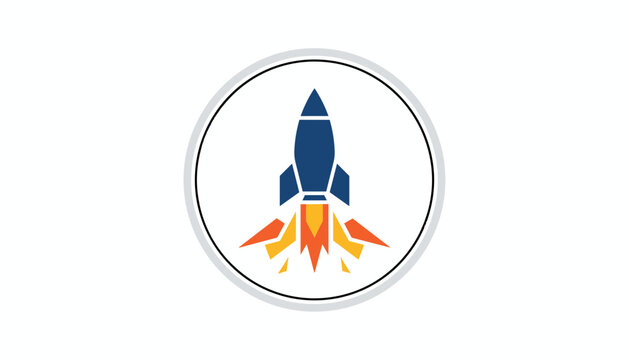 Circular emblem of a blue space rocket launching with bright orange and yellow flames on a white background.