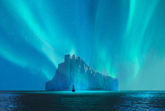 A large sailing ship navigating through icy waters, with towering icebergs in the distance, aurora borealis in the background - Greenland