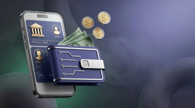 Smartphone banking app interface with blue digital wallet cash and floating gold coins in purple haze
