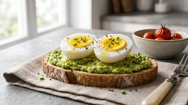 Healthy avocado toast with boiled eggs and cherry tomatoes on kitchen table