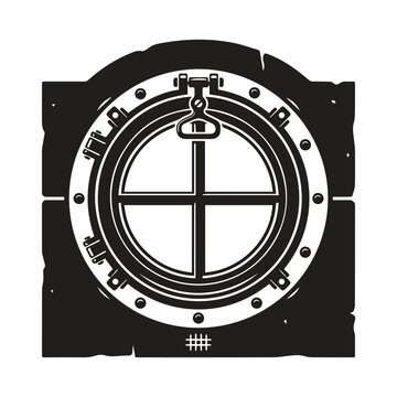 Nautical porthole window graphic illustration on wooden bulkhead background