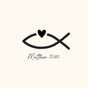 For as Jonah was three days, Matthew 12:40 bible verse t-shirt design. Vector illustration with christian fish symbol and heart