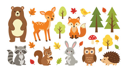 Obraz premium Cute Woodland Animals Vector Character Set with Autumn Elements Featuring Bear, Deer, Fox, Raccoon, Squirrel, Rabbit, Owl, Hedgehog, Trees, and Falling Leaves