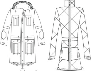 Long Parka Coat Technical Flat Sketch Front and Back View Vector © ProCad