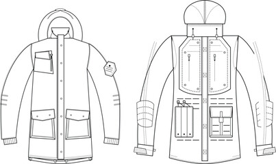 Hooded Parka Jacket Flat Sketch with Tech Pockets Front and Back Drawing © ProCad