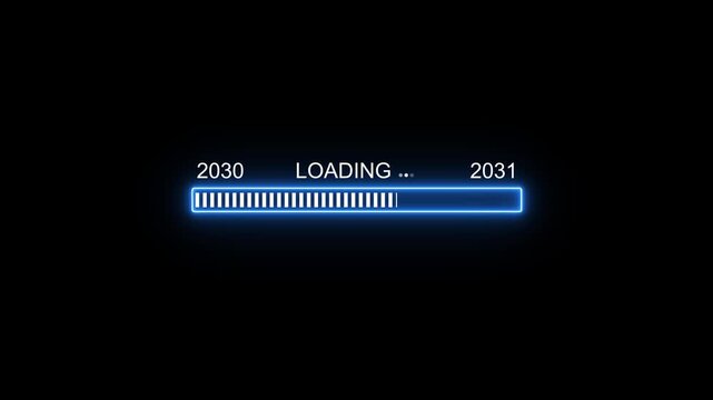 Neon blue loading bar transition with 2030 to 2031 year countdown glitch effect progress bar