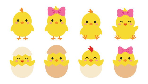 Cute yellow easter chick character set with hatching egg shells bow tie rooster and funny happy facial expressions