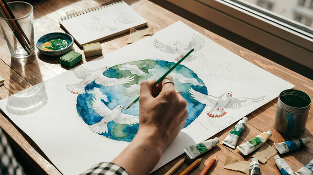 Artist painting watercolor earth and peace doves