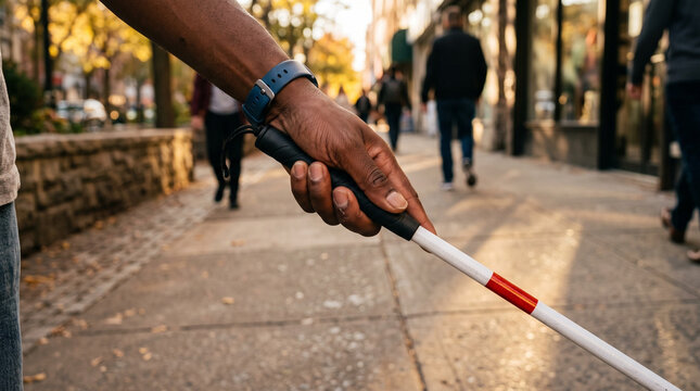 Close up of blind person holding white cane on city sidewalk, hand with mobility aid in urban street for accessibility and independence